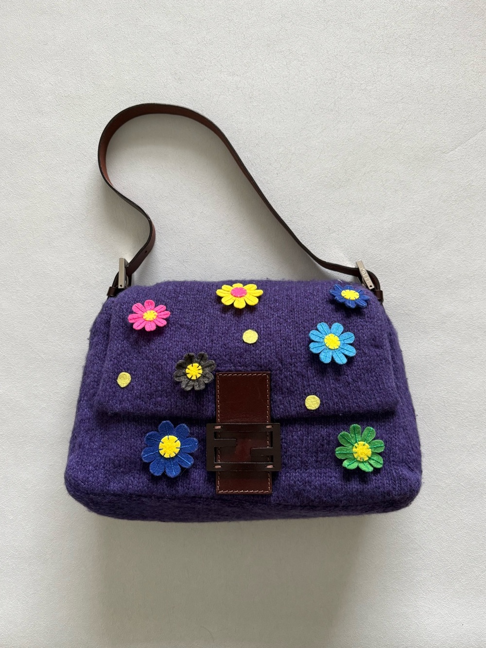 Fendi Vintage Purple Floral Mamma Baguette Shoulder Bag